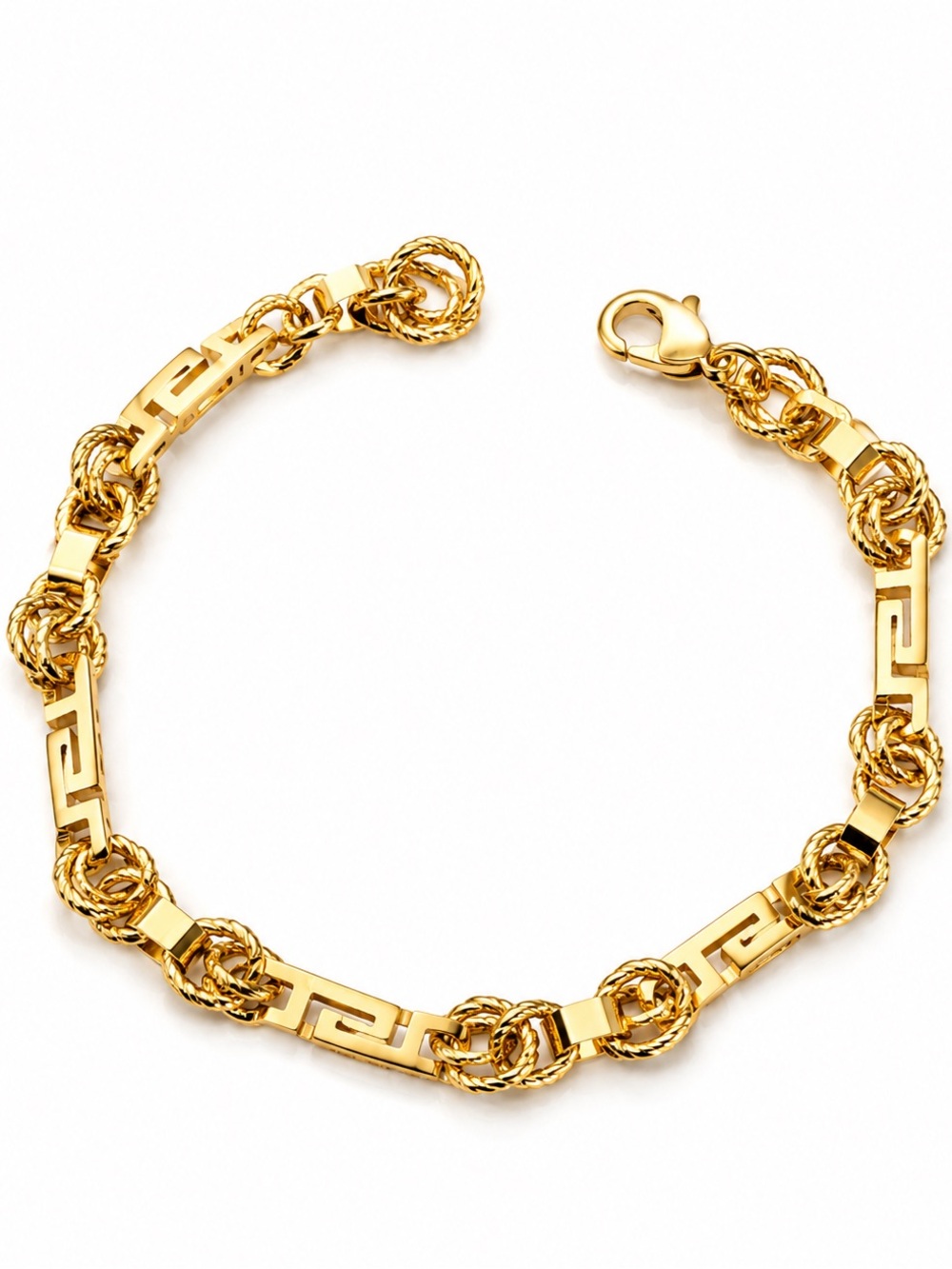 14K Gold Plated Greek Key & Interlocking Link Chain Bracelet Water Resistant